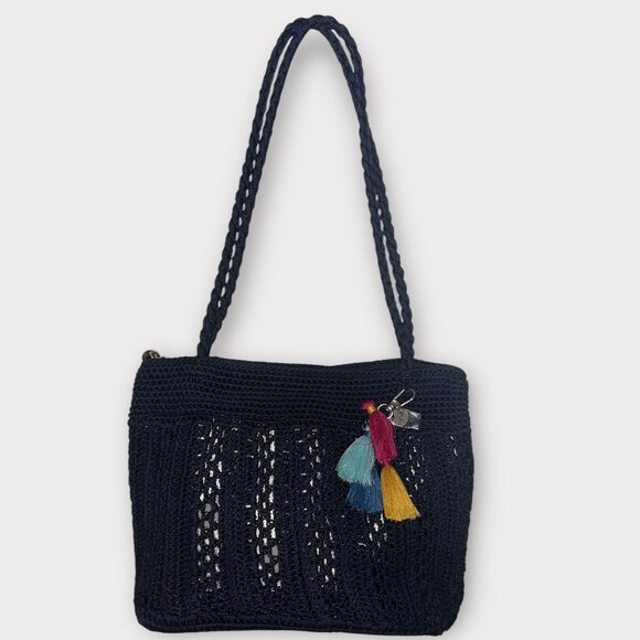 The Sak Purse Navy Crochet Overlay Gold Dual Handle Top Zip Tassel Shoulder Bag - Picture 3 of 9